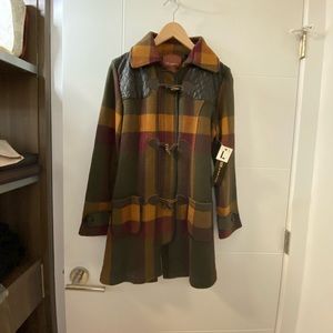 New Womens 525 America Loden Combo Leather Trim Plaid Jacket Pea Coat
